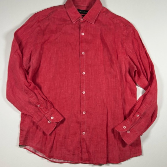 Massimo Dutti Mens Large Red 100% Linen Long Sleeve Button Down Shirt Designer - Picture 1 of 8
